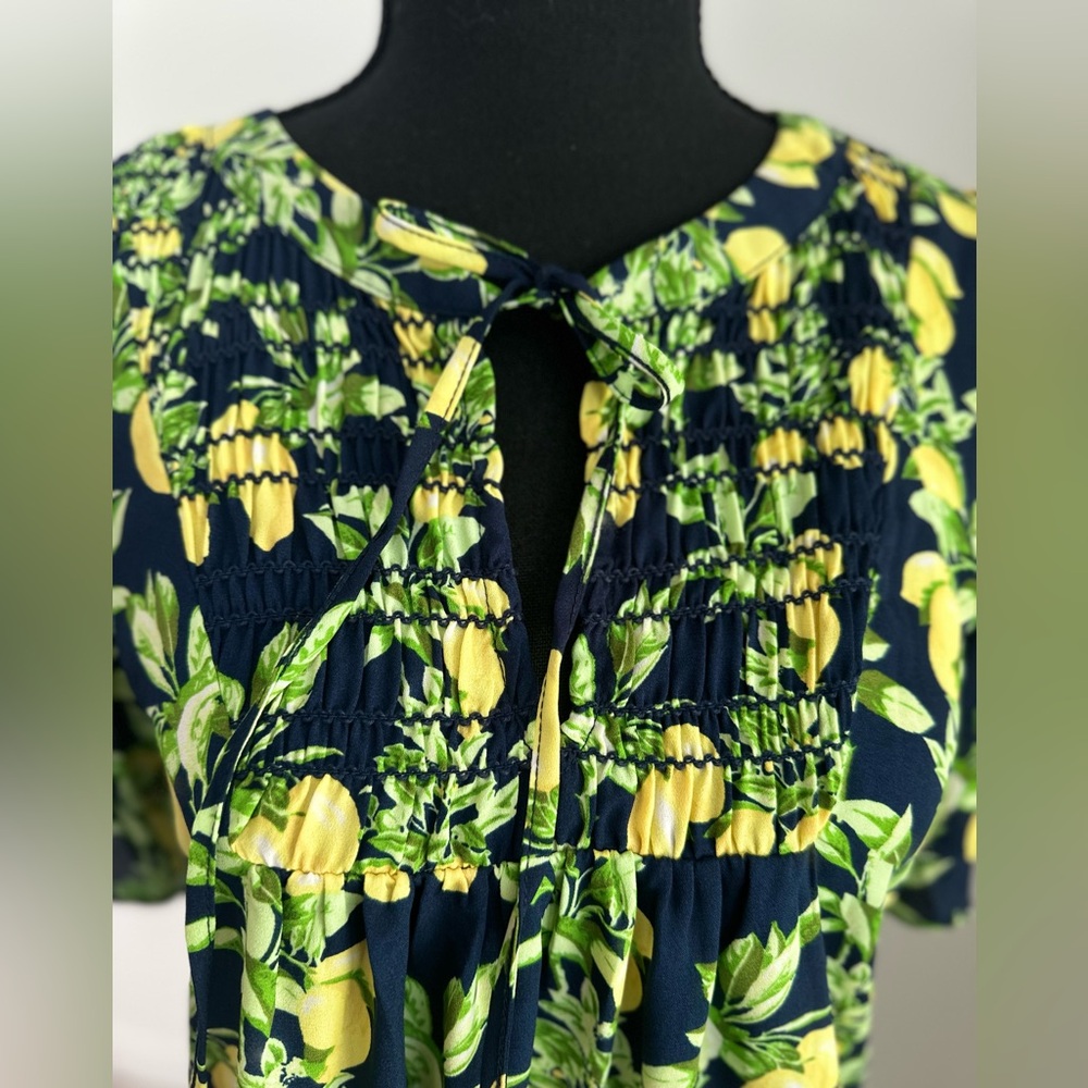 Lemon Ruffle Button Mixed Media Top - Picture 8 of 8